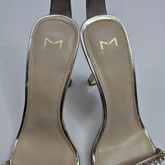 Marc Fisher Karima Rhinestone Heel Sz 9 Metallic Gold Leather Ankle Strap Sandal - Picture 10 of 16